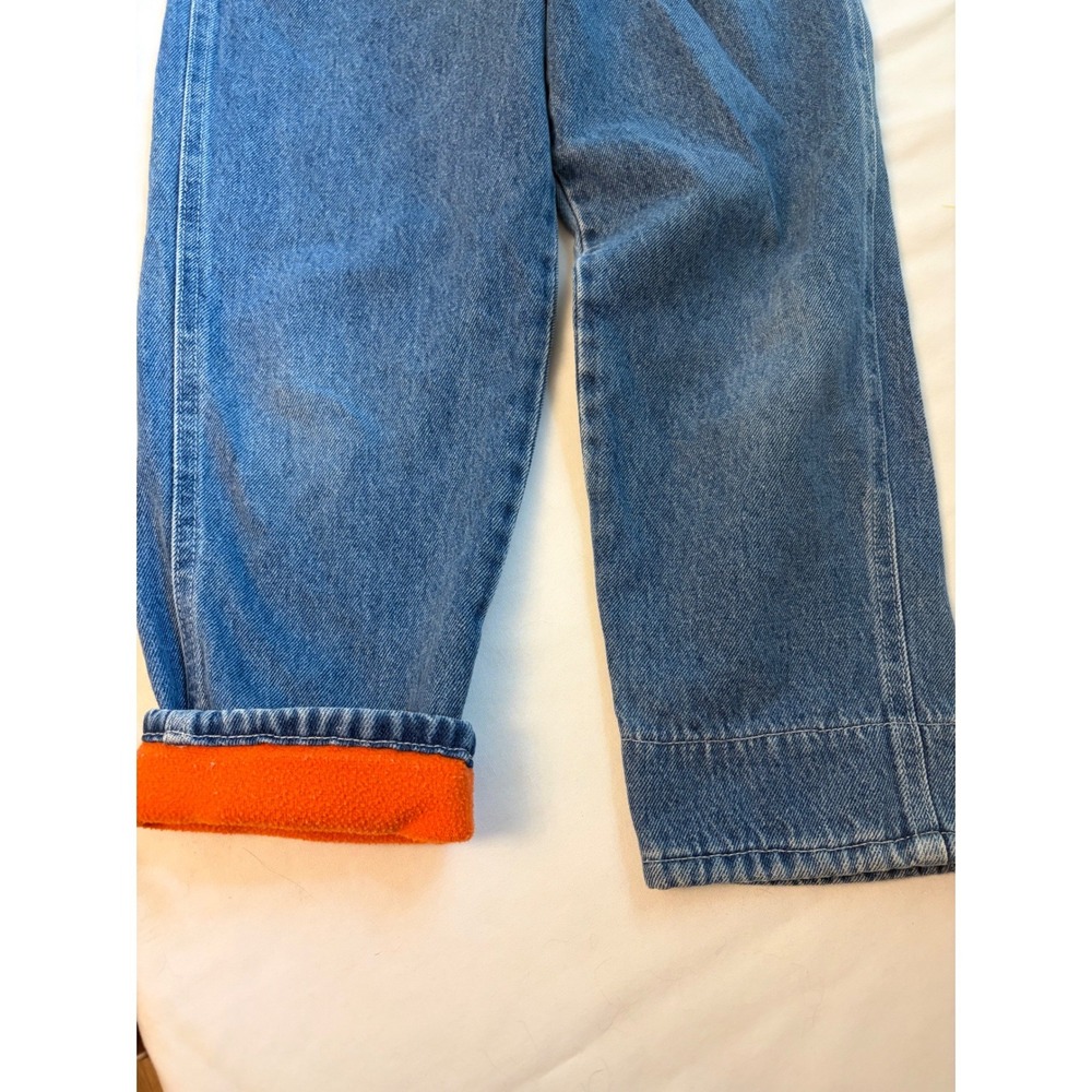 Vintage OshKosh‎ Bgosh Sz 6 Fleece Lined Cuffs Denim Overalls Blue Orange Bib - Picture 2 of 6